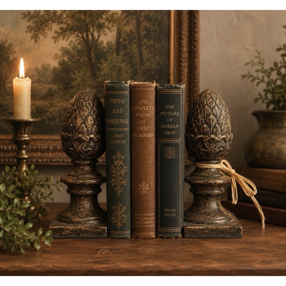 Acorn/Artichoke Finial Cast Metal Bookends Bronze Finish 8" Traditional Library